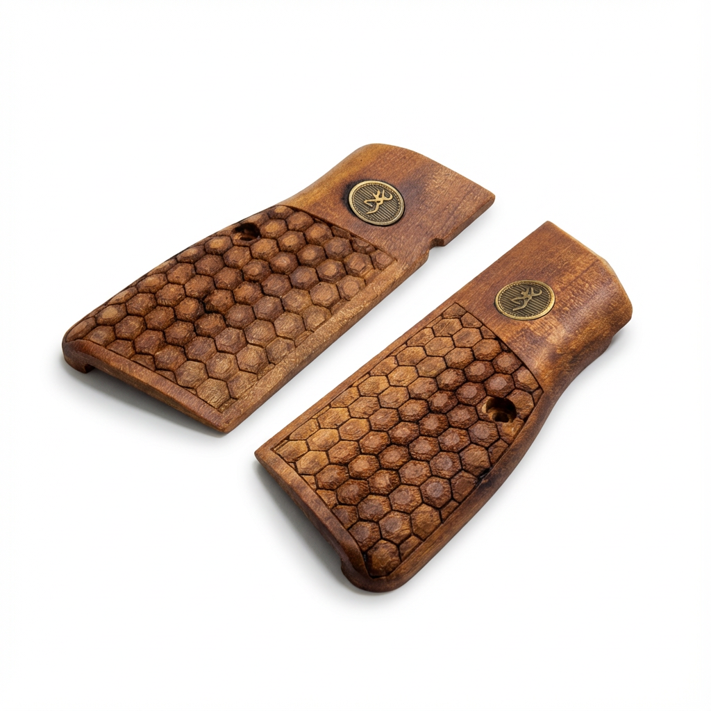 Browning Hi-Power Grips - Half Hex Texture Gold Medallion