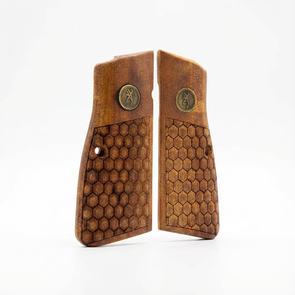Browning Hi-Power Grips - Half Hex Texture Gold Medallion