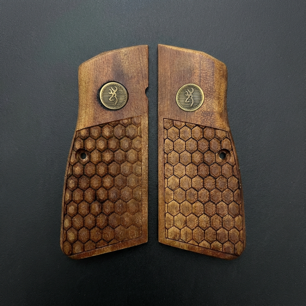 Browning Hi-Power Grips - Half Hex Texture Gold Medallion