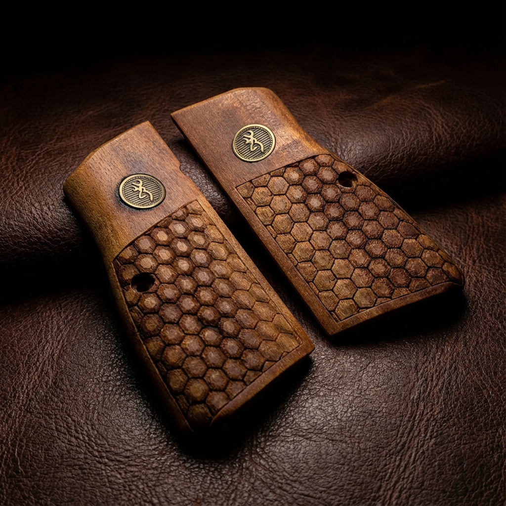 Browning Hi-Power Grips - Half Hex Texture Gold Medallion