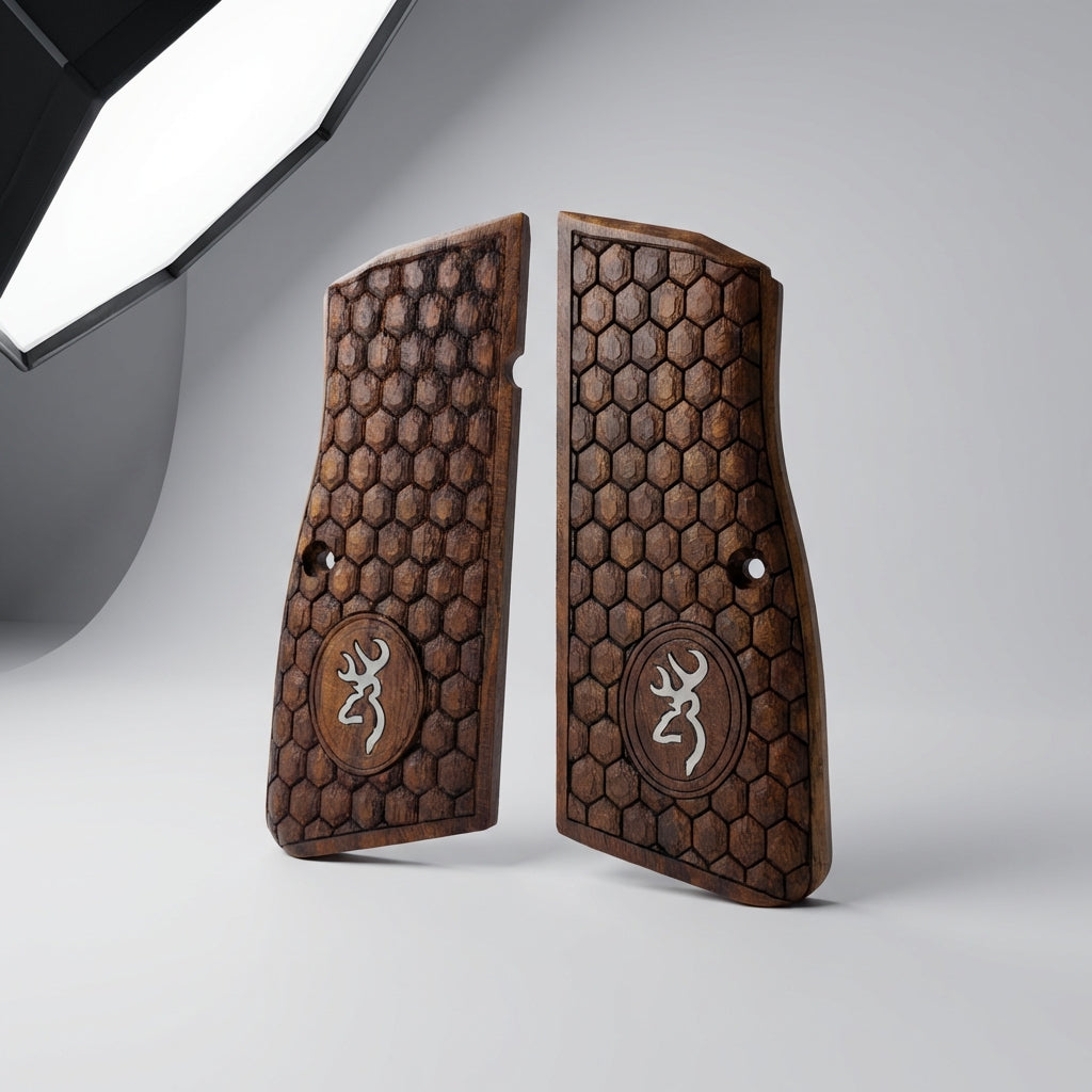 Browning Hi-Power Grips - Hex Texture Silver Inlay