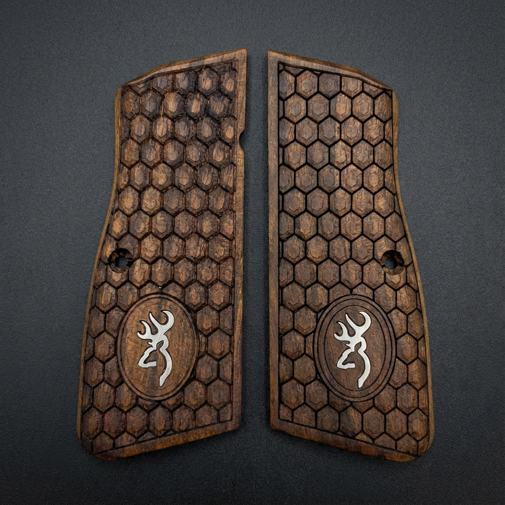 Browning Hi-Power Grips - Hex Texture Silver Inlay