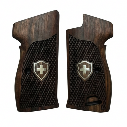 Sig P210 Grips - Checkered Swiss Cross (Silver) | Dark Walnut