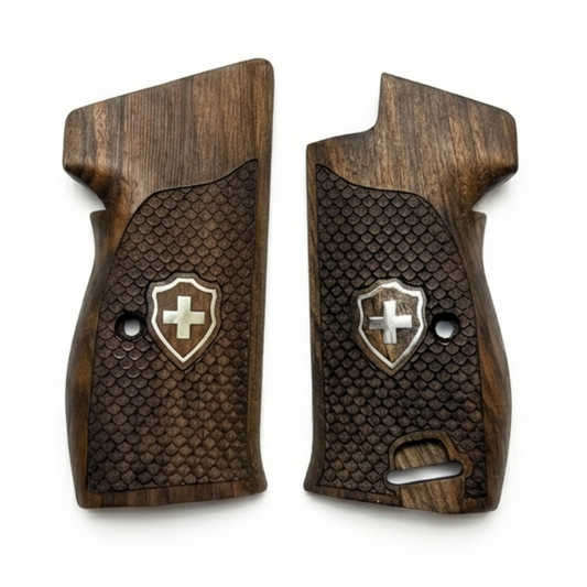 Sig P210 Grips - Fish Scale Swiss Cross (Silver) | Dark Walnut