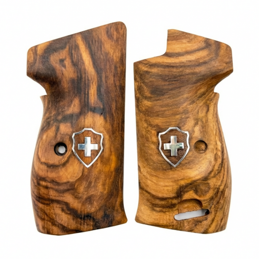 Sig P210 Grips - Smooth Root Walnut Swiss Cross (Silver)
