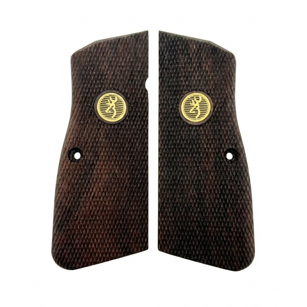 Browning Hi-Power Grips - Dark Checkered Gold Medallion