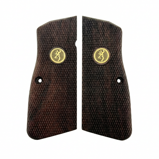 Browning Hi-Power Grips - Dark Checkered Gold Medallion