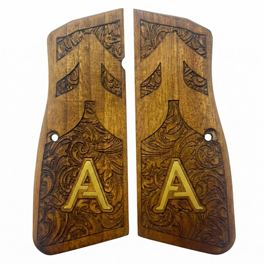 Browning Hi Power Grips - Floral Scroll - Personalized Gold Initial