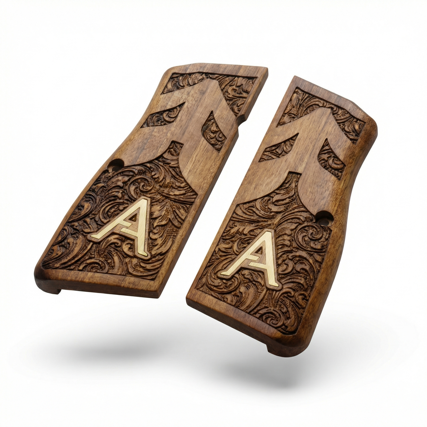 Browning Hi Power Grips - Floral Scroll - Personalized Gold Initial