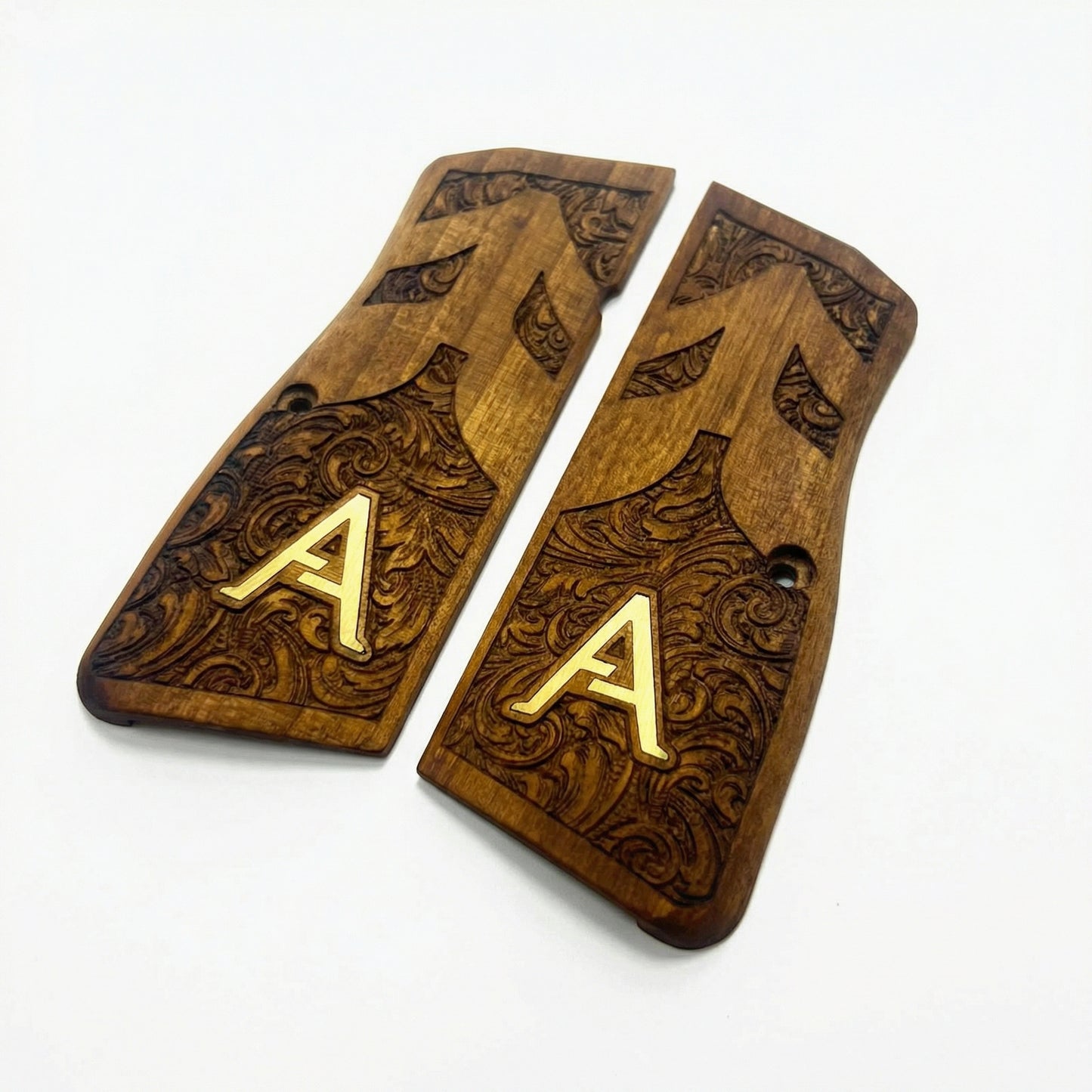 Browning Hi Power Grips - Floral Scroll - Personalized Gold Initial