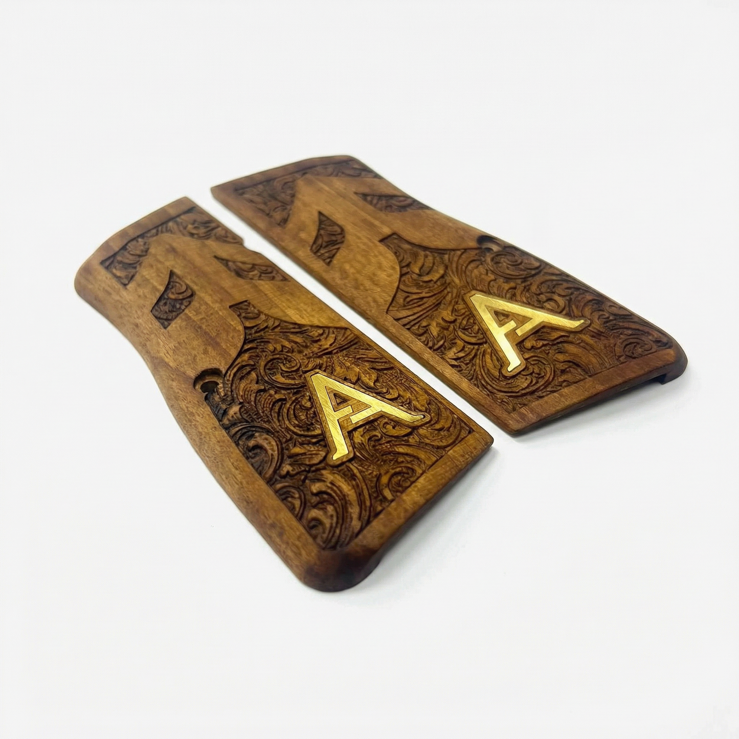 Browning Hi Power Grips - Floral Scroll - Personalized Gold Initial